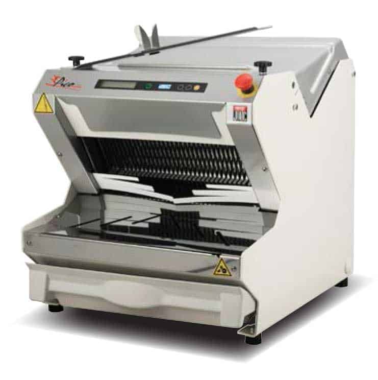 Commercial countertop bread slicer machine with open blade chamber and controls.